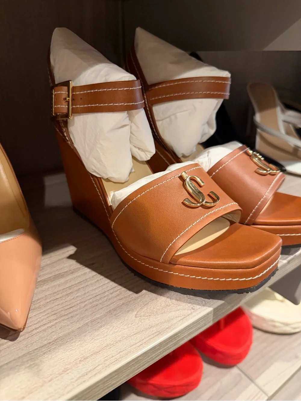 Jimmy Choo Tan Leather Wedge Sandals with Gold Hardware